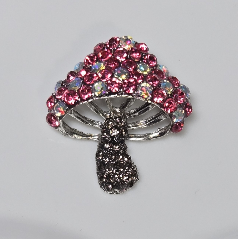 Pink Rhinestone Mushroom Brooch Sparkly Silver Toadstool Whimsigoth Lapel Pin